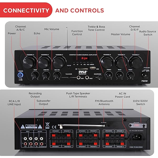 PYLE WIRELESS BLUETOOTH HOME AUDIO AMPLIFIER SYSTEM-UPGRADED 6 CHANNEL 750 WATT SOUND POWER STEREO RECEIVER W/USB, MICRO SD, HEADPHONE,2 MICROPHONE INPUT W/ECHO, TALKOVER FOR PA – PTA62BT.5