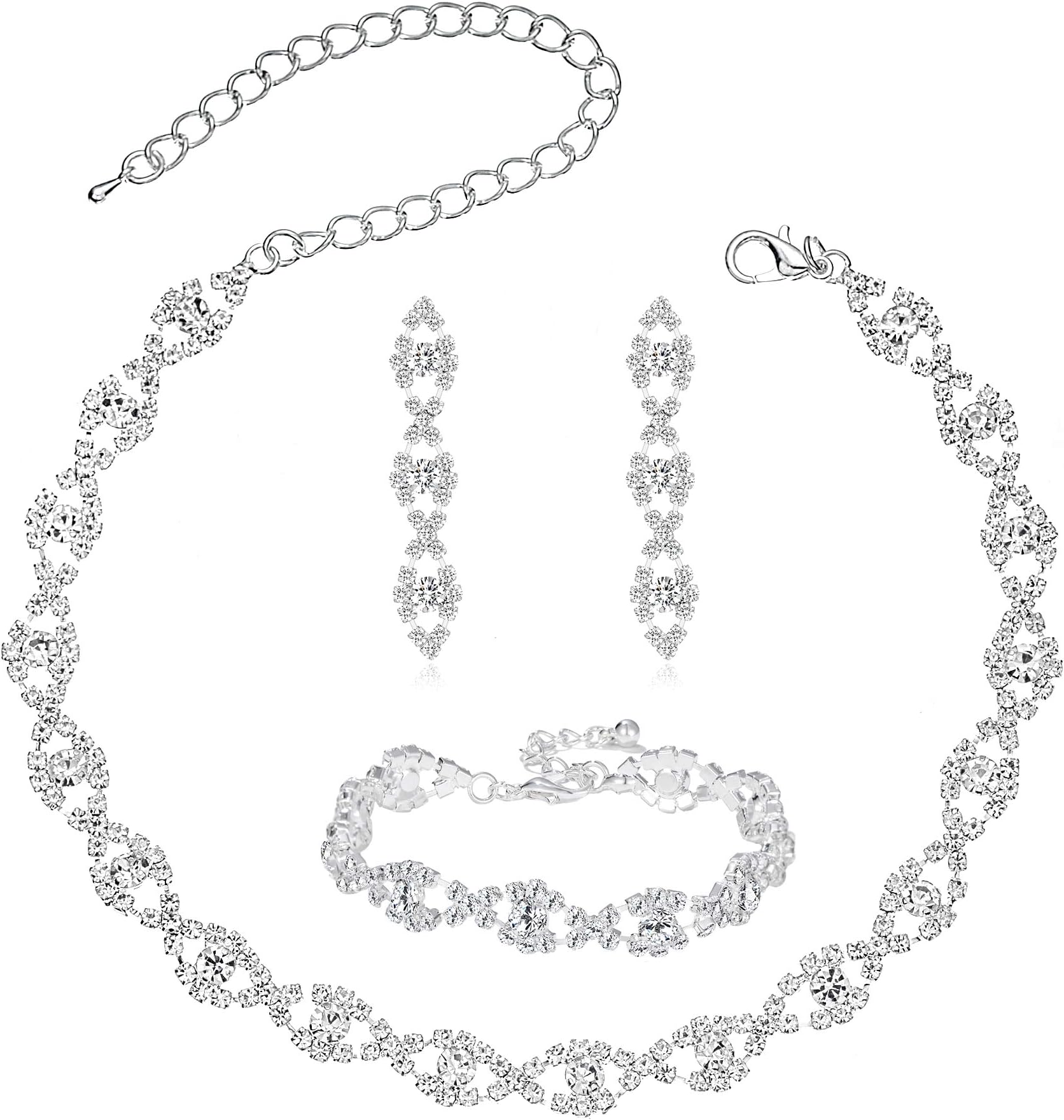 Miraculous Garden3/4 Pieces Women Jewelry Set Rhinestone Crystal Bride Statement Choker Necklace Tiara Crown Link Bangle Bracelet Teardrop Dangle Earrings Set