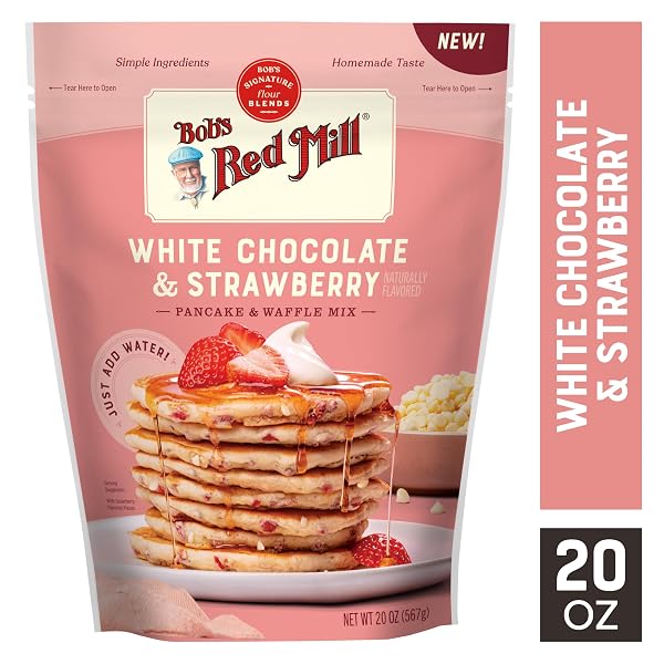 BOB’S RED MILL WHITE CHOCOLATE & STRAWBERRY PANCAKE/WAFFLE MIX, 20 OUNCE (PACK OF 1) – JUST ADD WATER, MAKES 32-40 PANCAKES PER BAG