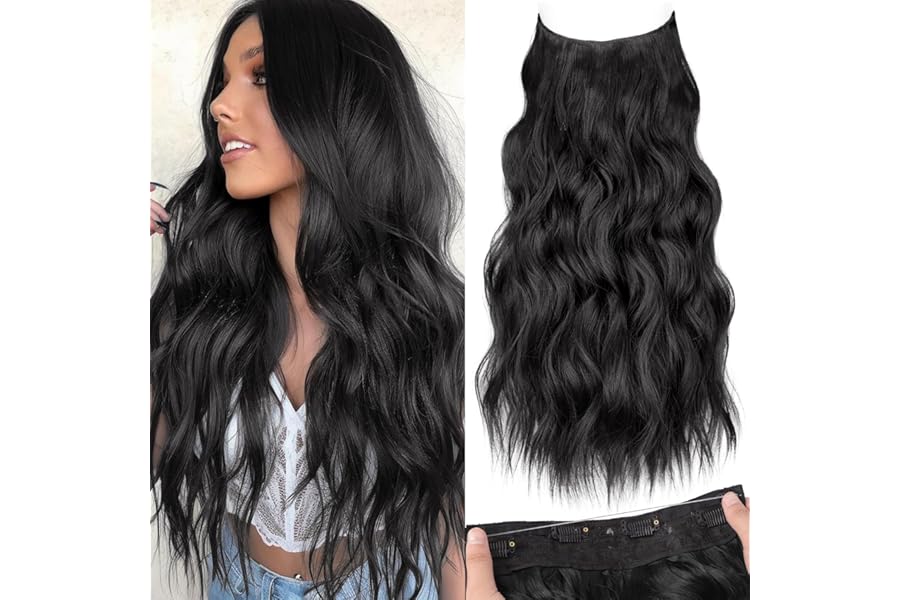 KooKaStyle Invisible Wire Hair Extensions with Transparent Headband Adjustable Size 4 Secure Clips Black Long Wavy Hairpiece 20 Inch for Women