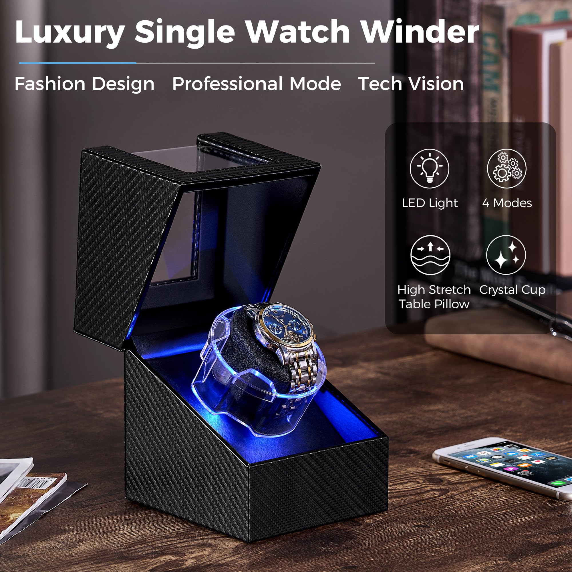 ANWBROAD ANWBROAD Watch Winder for Automatic Watches, 4 Modes Double Automatic Watch Winder box with LED Crystal Design, Rotating Watch Case with Super Quiet Motor with Type-C Adapter