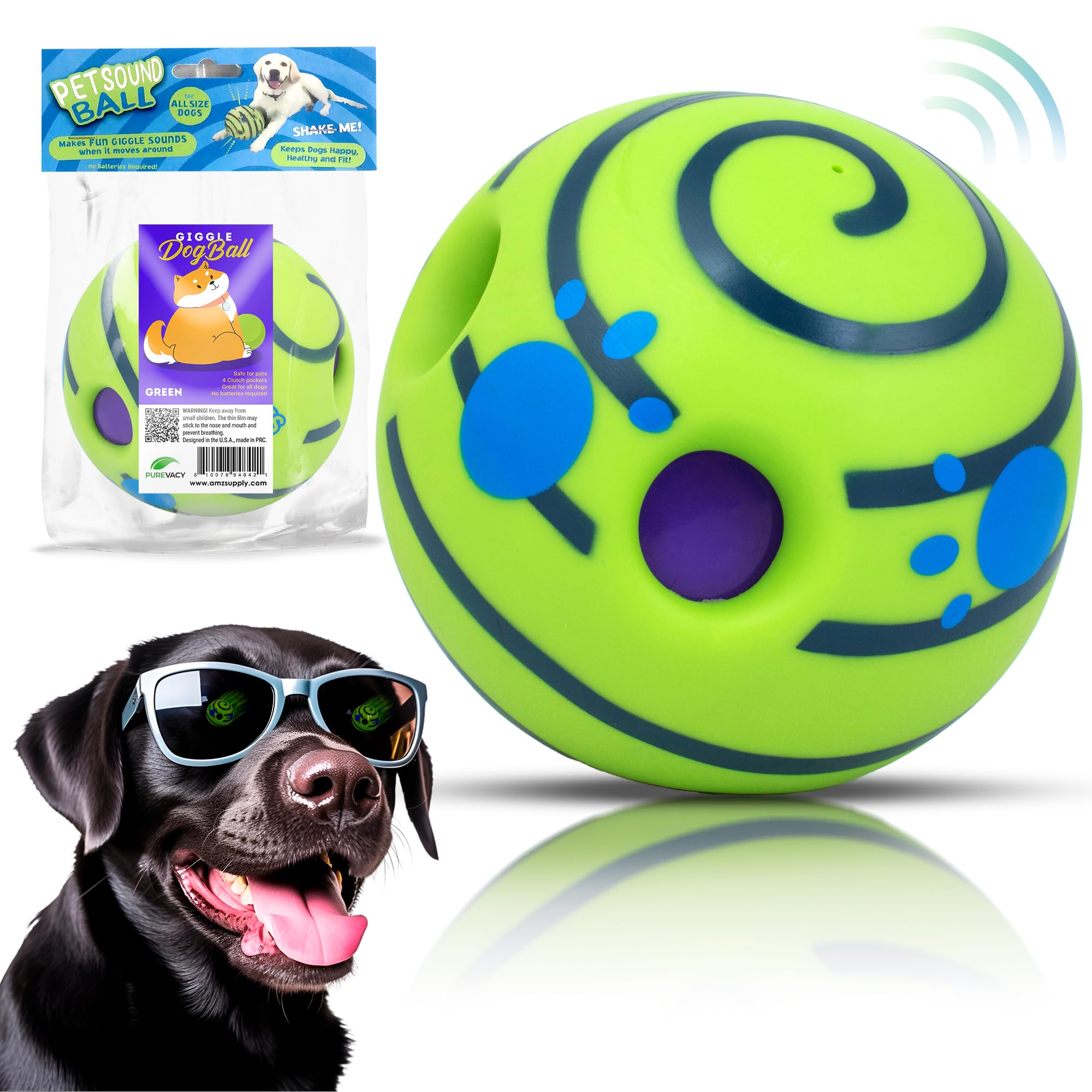 PUREVACYDog Giggle Ball, 5.5" in Diameter, Green Interactive Toy Sound 12 oz, Vinyl Wobble Ball for Dogs