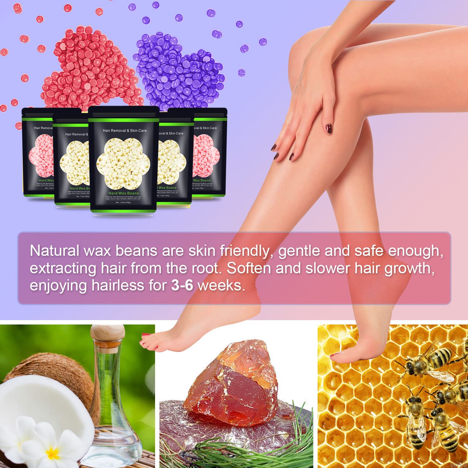 Auperwel Wax Beads for Hair Removal 1.1 lb (17.6 oz), Hard Wax Beads for Sensitive Skin - Brazilian, Face, Bikini, Legs, Eyebrow, Painless Waxing Beads Kit for Women Men, 5 Packs with 10 Wax Sticks