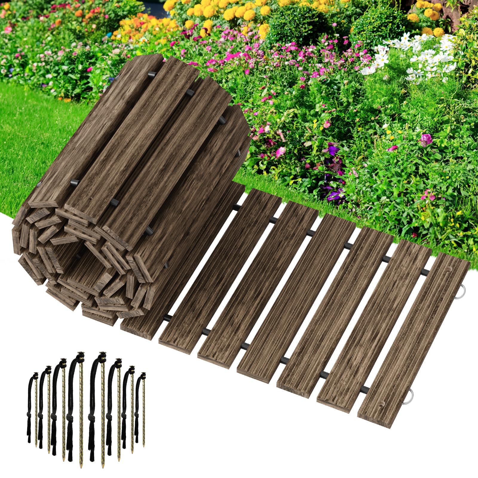 Photo 1 of Amazer Wooden Garden Pathway, 12 FT Roll Out Straight Walkway, Widened Plank Non-Slip Outdoor Walkway Path with 8 Stakes, Garden Lawn Pavers for Outside Walkway Backyard Wedding Party Boardwalk, Brown
