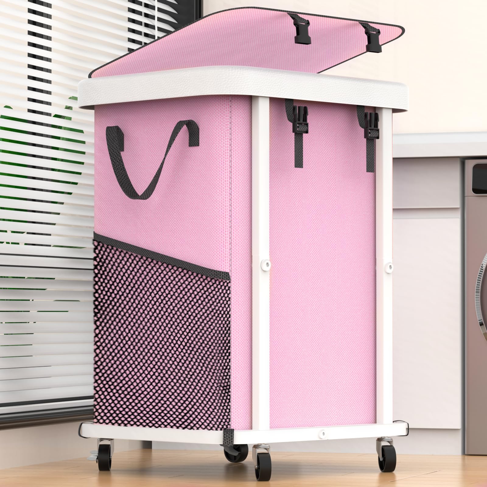 Photo 1 of 150L (40 Gal) Large Fashion Laundry Basket with Wheels, Leather Patchwork Rolling Hamper Carts, Sturdy Metal Frame, Removable Washable Bag, Tall Clothes Sorter for Bedroom, Laundry Room, Dorm - Pink