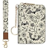 Blusabaca Credit Card Holder for Women, Goth Small RFID Blocking Wallet with Wristlet Strap, Gothic Zipper Keychain Women Wallet, Leather Card Case Wallet Purse with Key Lanyard