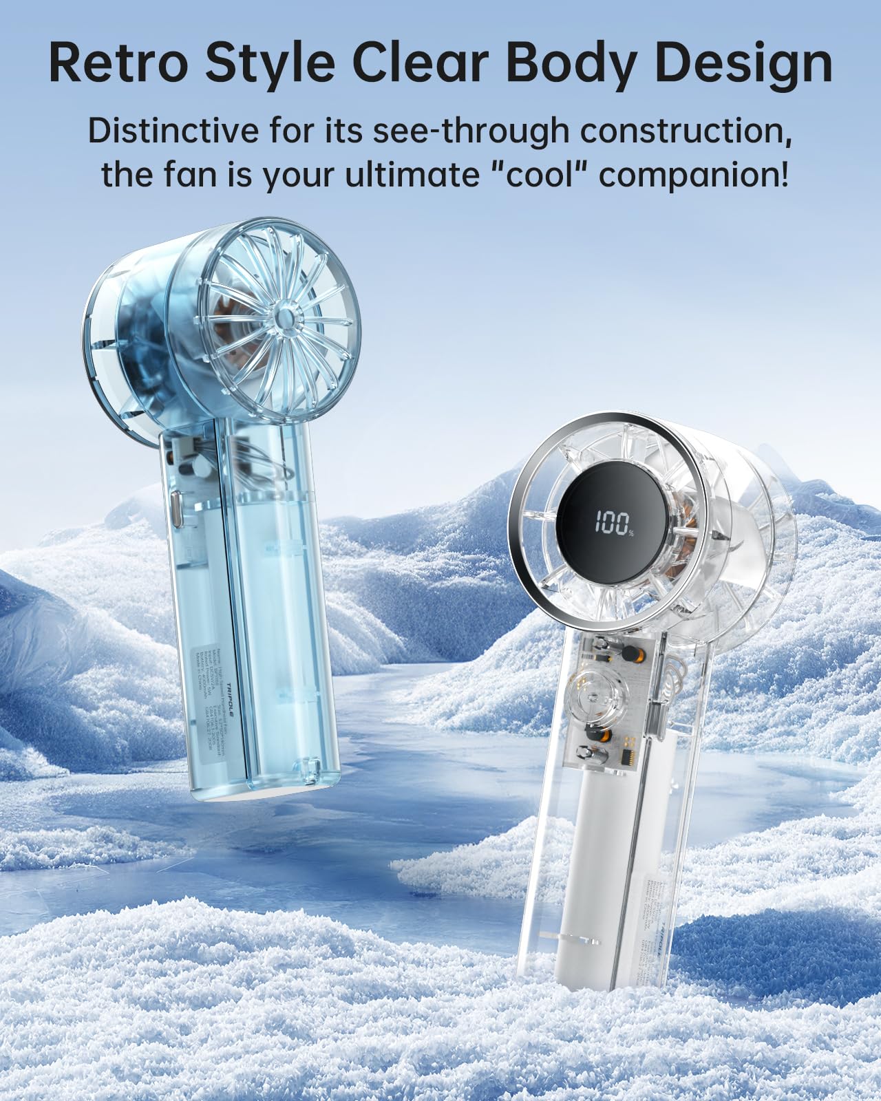 TriPole Portable Fan Mini Handheld Turbo Fan for Travel, 20H Max Cooling Time, 1-100 Speeds Rechargeable Battery Fans with LED Display, Transparent Hand Held & Desk Personal Fans for Outdoor Beach
