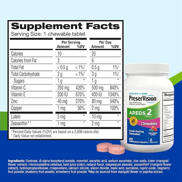 PRESERVISION AREDS 2 EYE VITAMINS, #1 EYE DOCTOR RECOMMENDED BRAND, CHEWABLE LUTEIN AND ZEAXANTHIN SUPPLEMENT WITH VITAMIN C, VITAMIN E,ZINC, AND COPPER, MIXED BERRY, 70 TABLETS