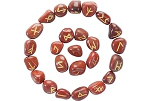 Crocon Red Jasper Gemstone Rune Stone with Elder Futhark Alphabet Engraved Symbol 25 pcs Set for Feng Shui Chakra Balancing Reiki Crystal Healing Spiritual Metaphysical Size: 15-20 mm