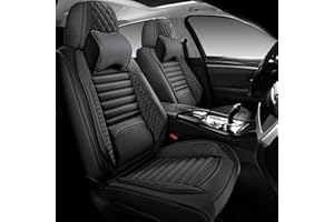 WENNFOUR Car Seat Covers Full Set, Universal Nappa Leather Seat Covers with Car Headrest Pillow for Most Vehicles SUV Pick-up Truck, Full Coverage Automotive Seats Protector Fit for 5 Seats, Black