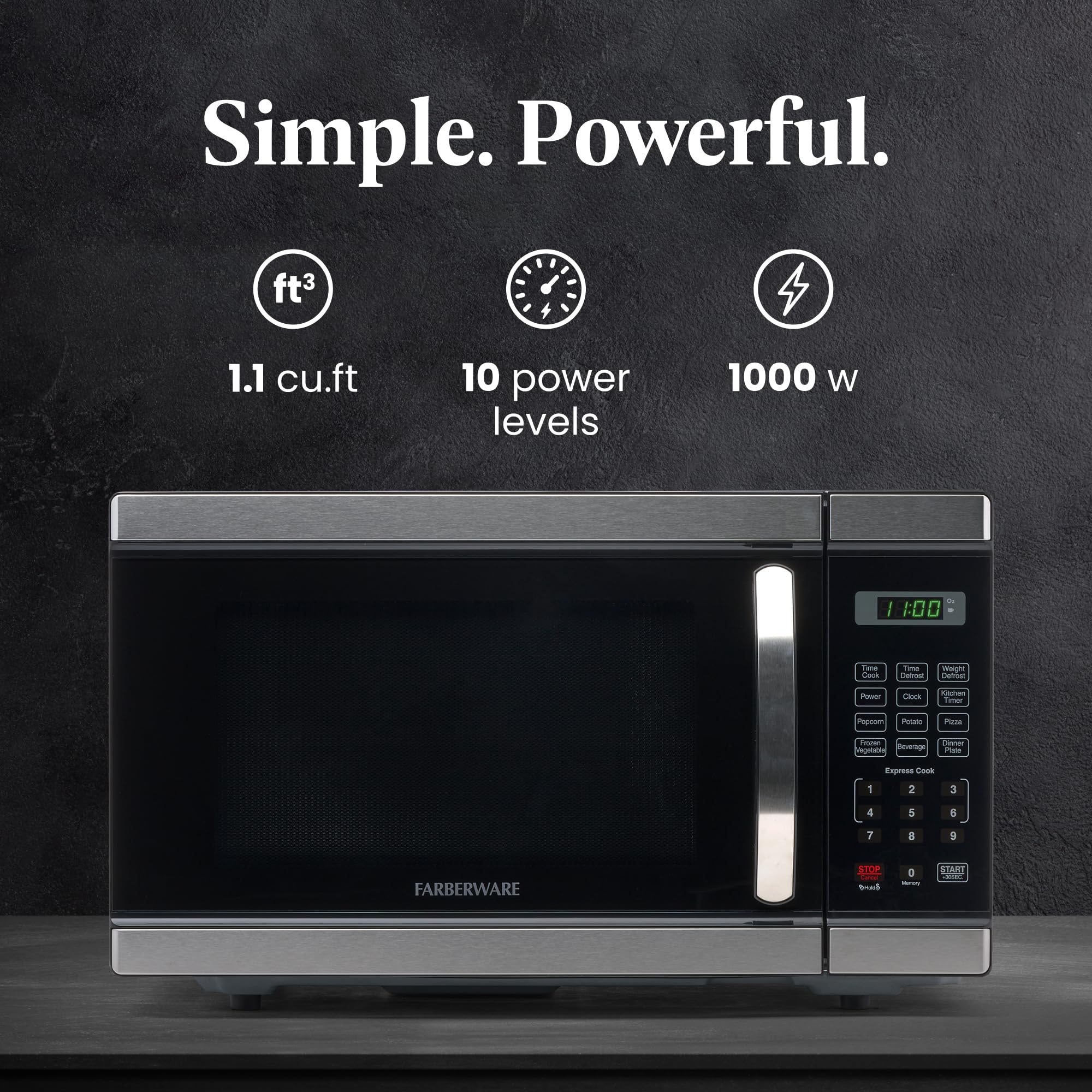 Farberware Countertop Microwave 1000 Watts, 1.1 Cu. Ft. - Microwave Oven With LED Lighting and Child Lock - Perfect for Apartments and Dorms - Easy Clean Stainless Steel