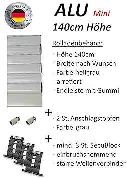 smarotech® Rolladenbehang Höhe 140cm, Breite 70-119cm aus 8x37mm Alu-Lamelle (92cm Breite x 140cm Höhe, hellgrau)