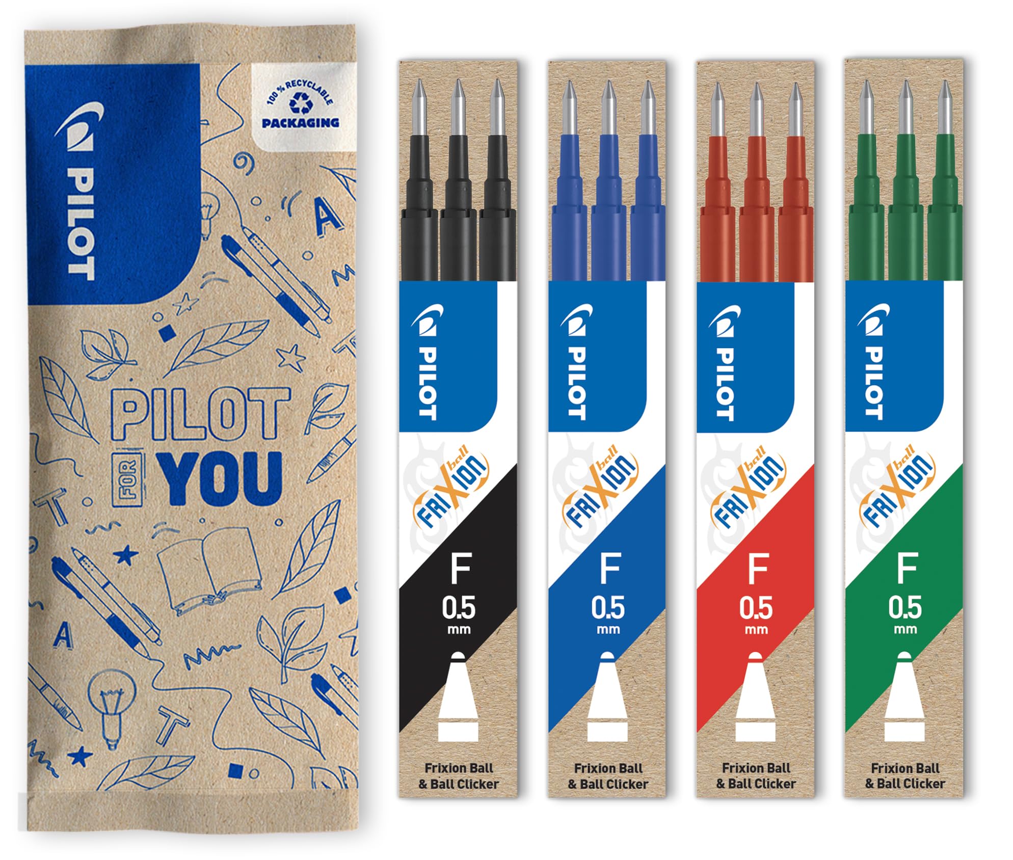 PILOT - Set of 4 sets of 3 Refills, FriXion Ball 0.5, Erasable Roller-ball Pen Refills - Blue, Black, Green, Red - Fine Tip