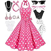 Women's 1950s Polka Dress Set Audrey Vintage-Inspired Cocktail Halter Swing Dress with Accessories 10PCS