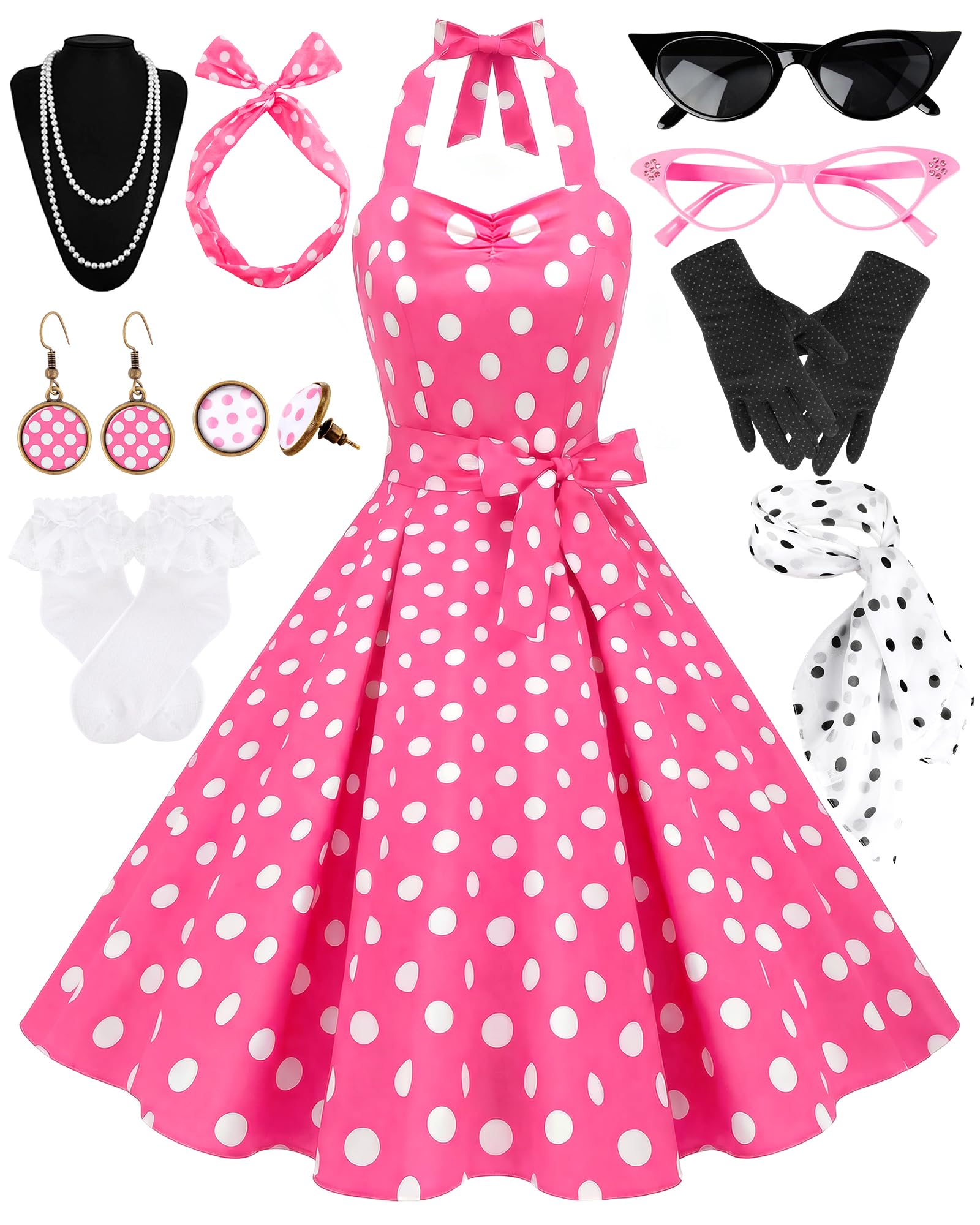 Photo 1 of VillbeCoser Women's 1950s Polka Dress Set Audrey Vintage-inspired Cocktail Halter Swing Dress with Accessories 10PCS Pink-3XL