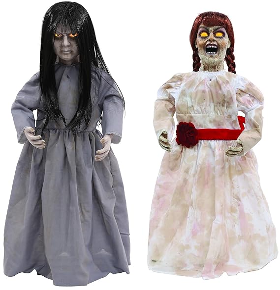 Höllische Geschwister Halloween Puppen Sad Sally und Creepy Carlotta 0,8 Meter groß Leuchtaugen Sound inkl. Batterien und Pop
