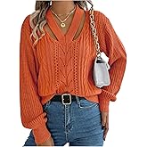WDIRARA Women's Cut Out Sweaters V Neck Long Sleeve Pullover Knit Tops
