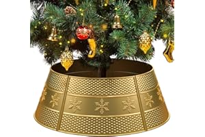 PAULMELE Metal Christmas Tree Collar with Snowflake,28'' Gold Metal Tree Skirt Collar for 7.5ft 9ft 12ft Tree,5 Panels Metal Tree Ring Base Cover for Pencil Tree Slim Tree,Fit Below 27'' Stands- Gold