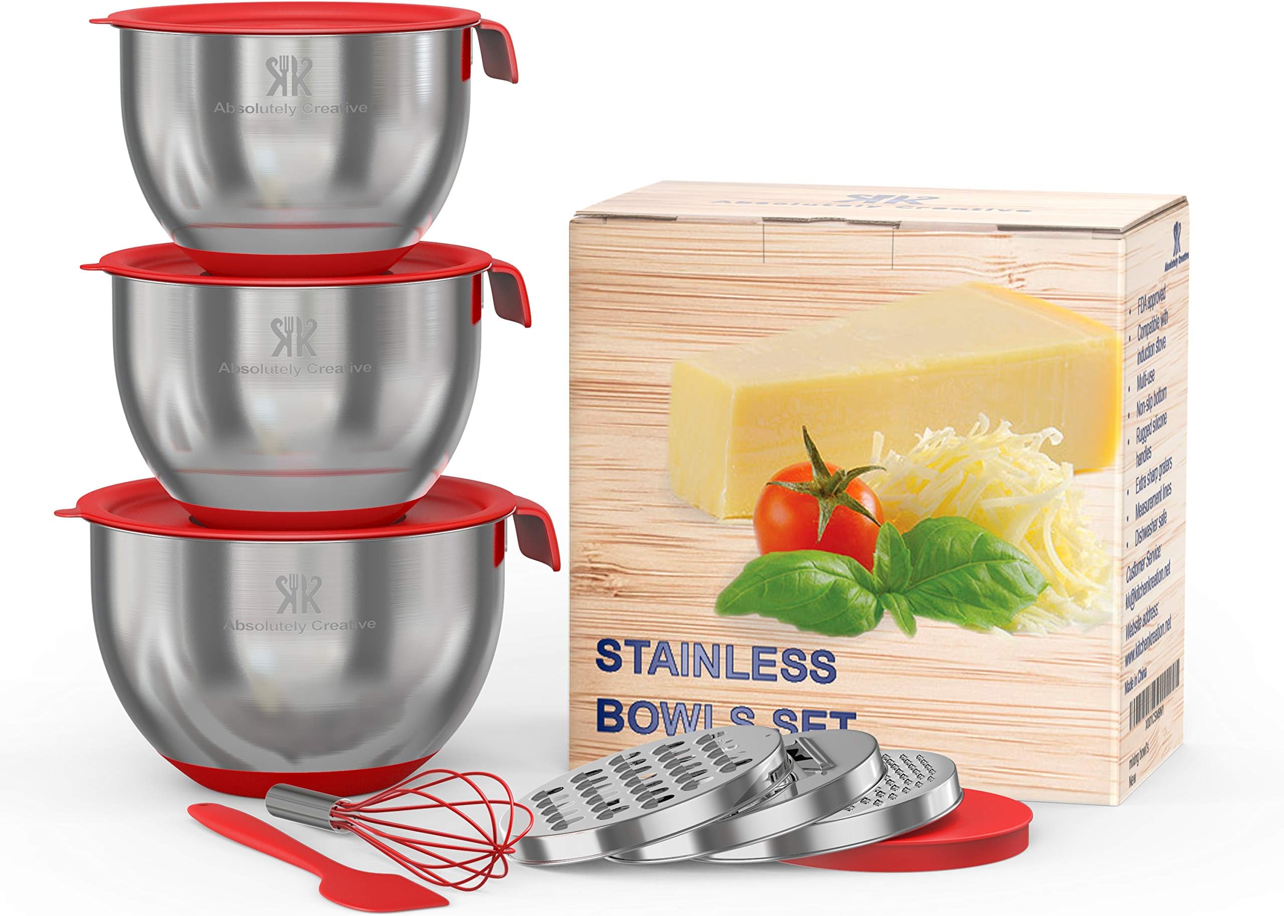 LUXURY SET for Smart Chefs,3 Premium Thick Grade STAINLESS STEEL MIXING BOWLS With Airtight Lids For Healthy Meal,Non-Slip Surface,3 Assorted Grater Attachments,Stackable For Minimal Storage&Gift Pack