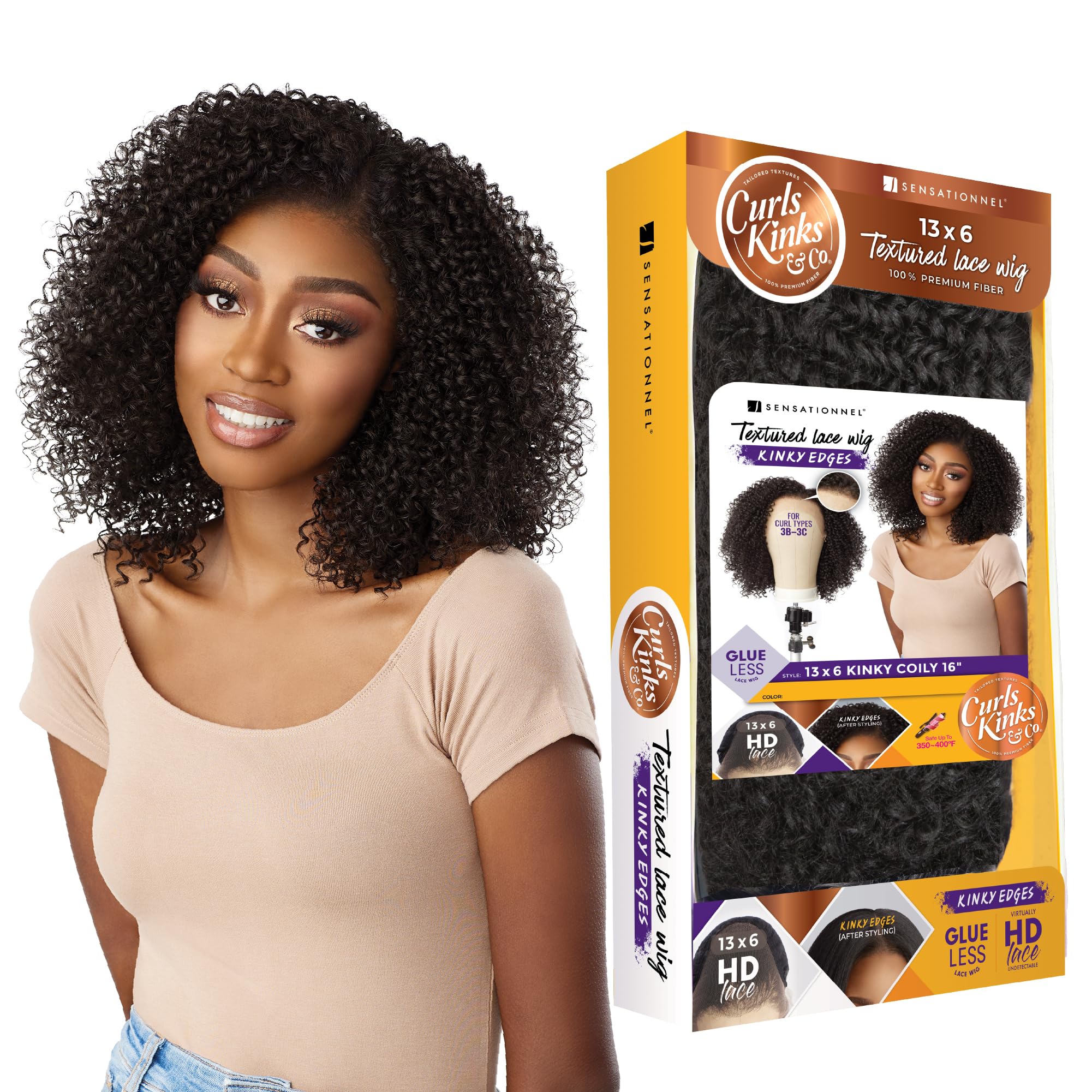 Sensationnel Curls Kinks&Co Synthetic Textured Lace Front Wig - 13X6 Kinky Coily 16" (Color:1 JET BLACK)