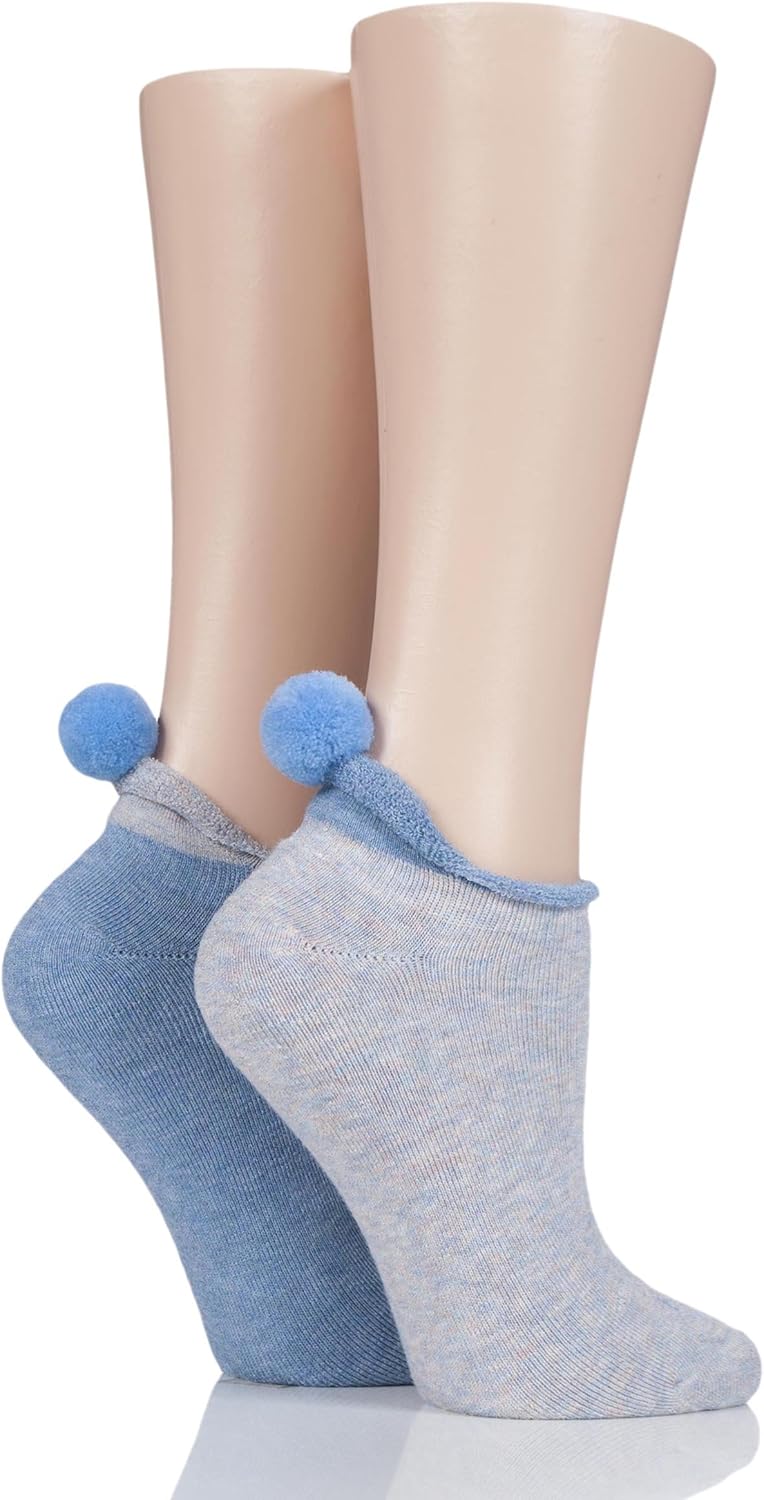 Ladies 2 Pair Elle Cushioned Trainer Liner Socks with Pom Pom Bluebell