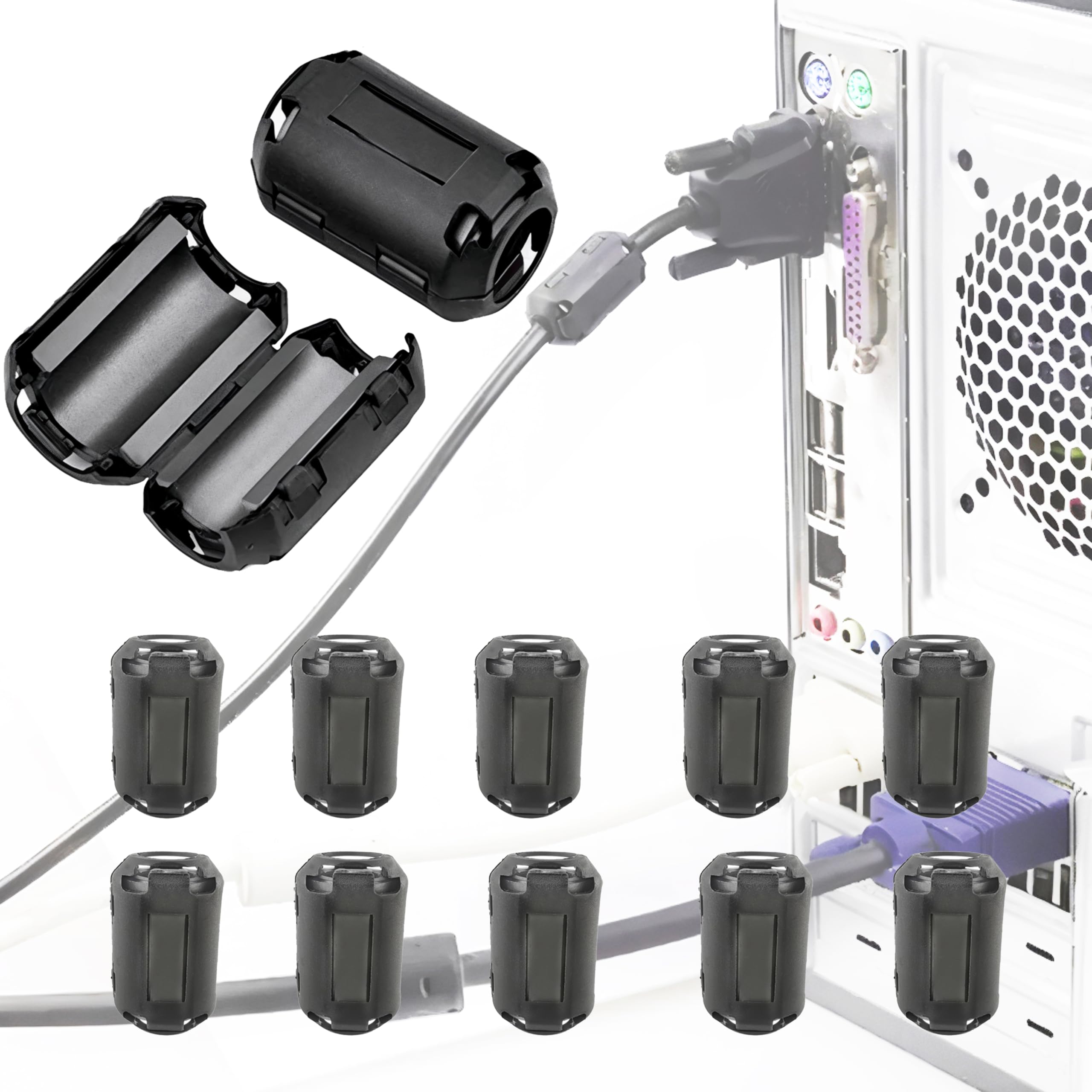 Photo 1 of 10PCS 13mm Ferrite Core Clip-On EMI RFI Noise Filter Ferrite Beads Snap On Industrial-Grade UI1000 Snap Ring Choke for Power Tools, UPS, Coaxial Cable, Audio Equipment Interference Suppressor (13 mm)