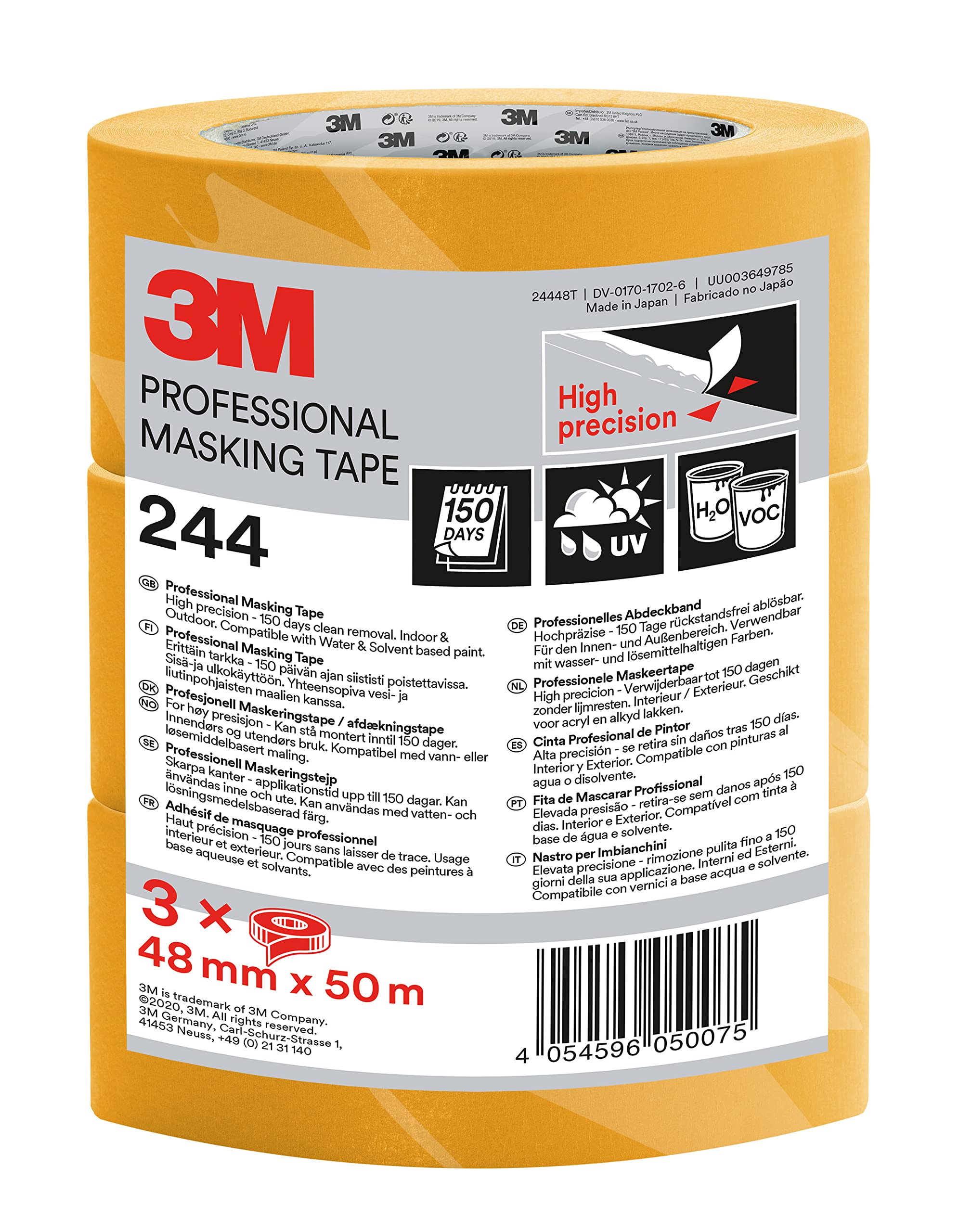 3M Professional Masking Tape 244, Universal Surfaces, Painters Tape, 48 mm x 50, 3 Rolls - High Precision, UV and Water Resistant, For Indoor & Outdoor