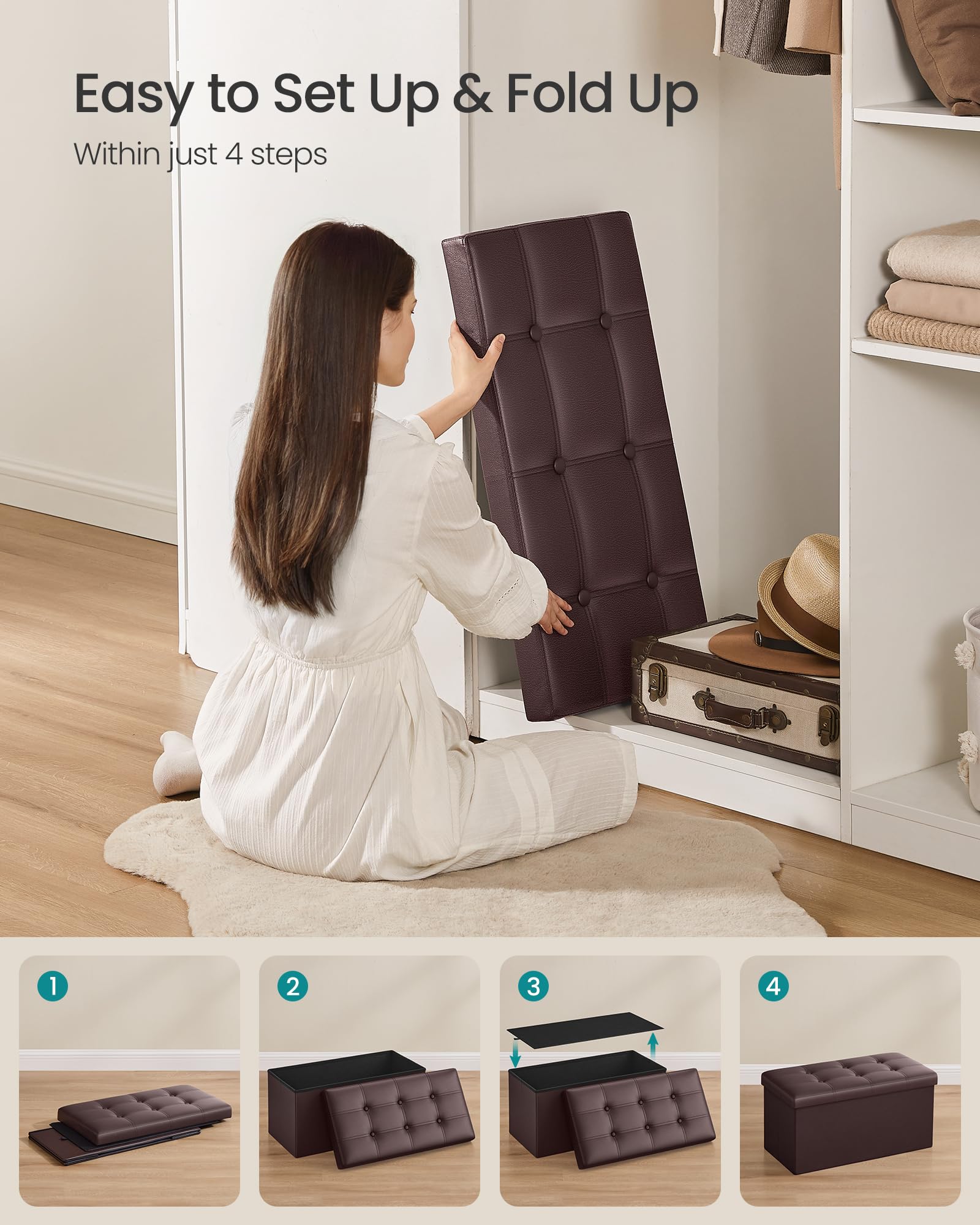 SONGMICS MAZIE Collection - 30 Inches Folding Storage Ottoman Bench, Ottoman with Storage, Foot Rest Stool, Load 660 lb, for Living Room, Synthetic Leather, Brown ULSF40Z - Image 6