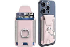 KPNEOL Magnetic Wallet Card Holder for iPhone 15/14/13/12 Series, 360°Rotation Finger Ring Kickstand, RFID Blocking, Store 7 Cards, Cell Phone Sleeves Mag-Safe Wallet, Light Pink