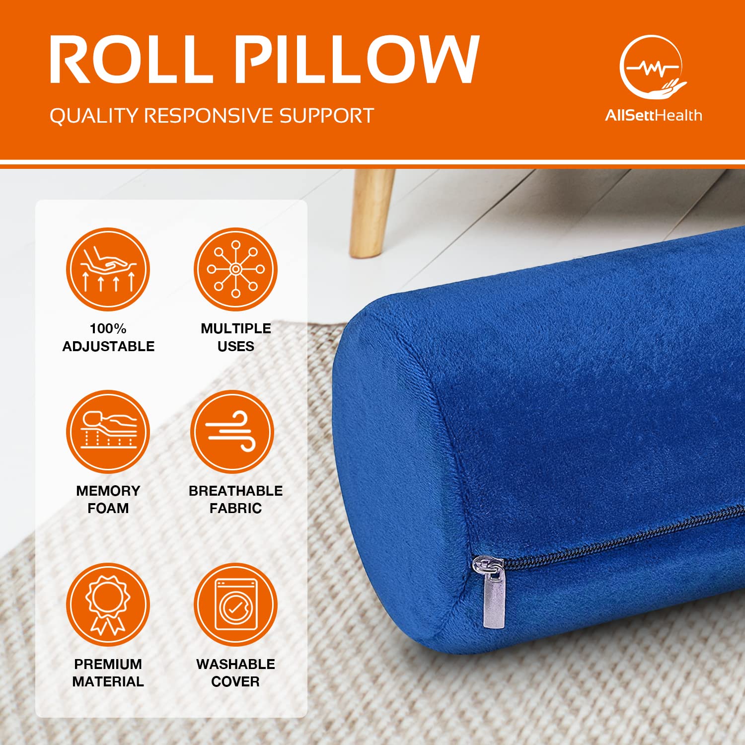 Round Cervical Roll Cylinder Bolster Pillow, Memory Foam Removable