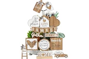 Yaomiao 21 Pcs Farmhouse Tiered Tray Decor Set Rustic Farmhouse Wood Sign Decor Items Vintage Rustic Family Gather Blessed Tiered Tray This Is Our Happy Place Sign for Home Kitchen Table Shelf