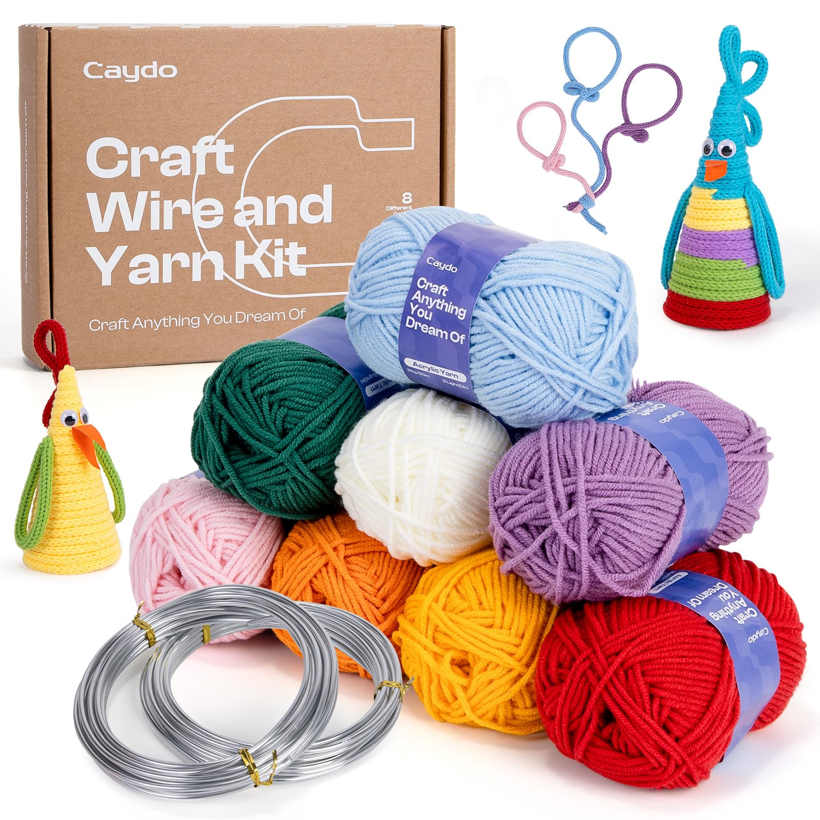 Caydo Aluminum Craft Wire and Acrylic Yarn Skeins Kit, i-Cord Knitting Kits for Beginner for DIY Handicraft Making, Learn to Knitting iCord with i Cord Maker Tool, 8x25g Yarn & 2 Roll 5M x 3 mm Wire