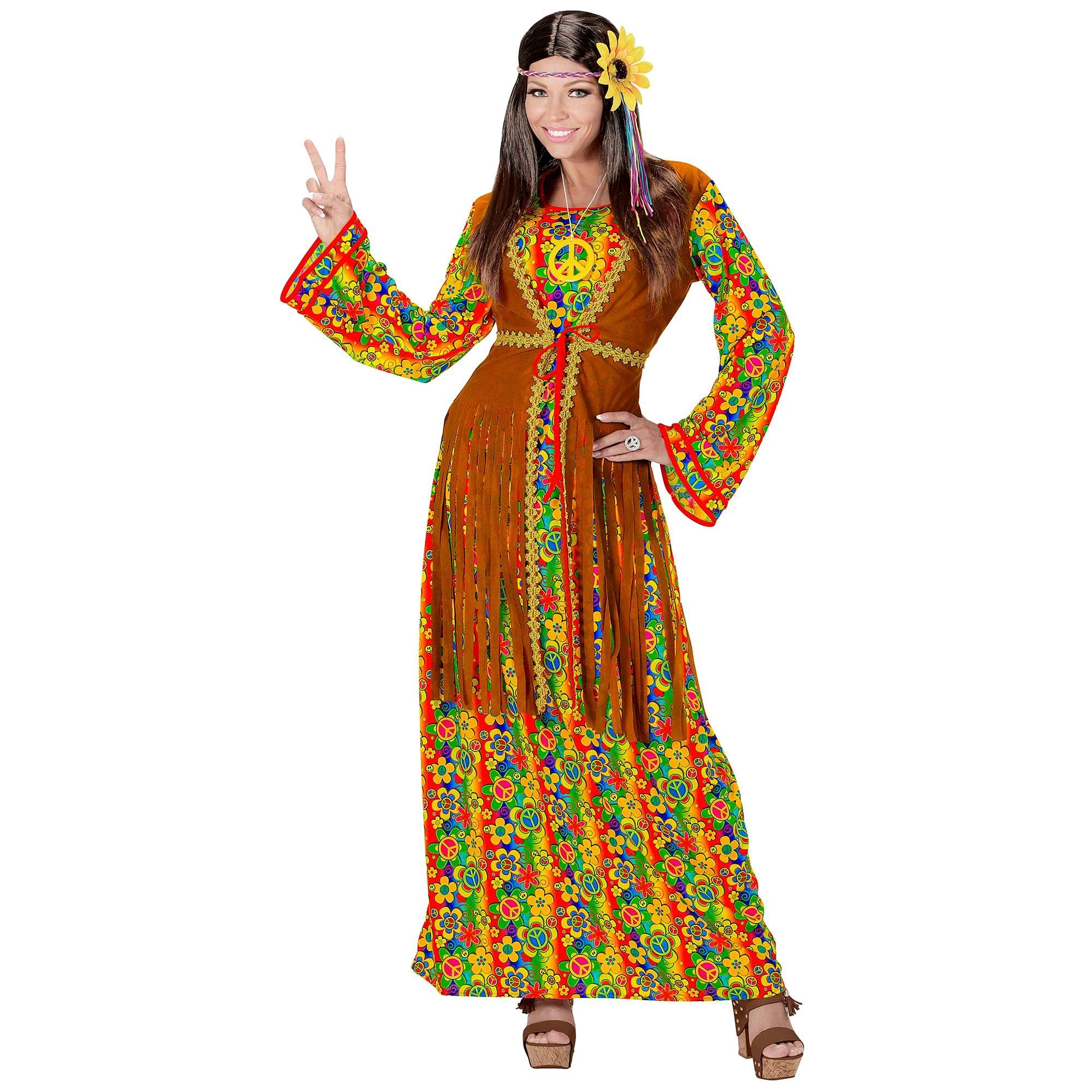 Widmann - Hippie woman costume, dress with vest, chain with peace sign, flower power, carnival, theme party