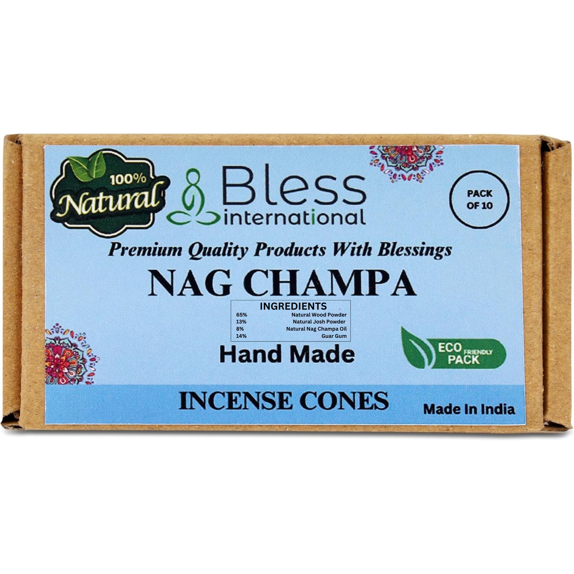 Bless-International Nag Champa 100%-Natural-Incense-Cones Handmade-Hand-Dipped Organic-Chemicals-Free for-Purification-Relaxation-Positivity-Yoga-Meditation The-Best-scents (10 Count)