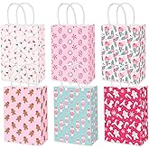 Whaline 18 Pcs Christmas Paper Bags with Handles Winter Xmas Pink Gingerbread Man Nutcracker Candy Holly Lights Gift Bags for Holiday Birthday Wedding Party Supplies, 5.9 x 8.3 x 3.1 Inch
