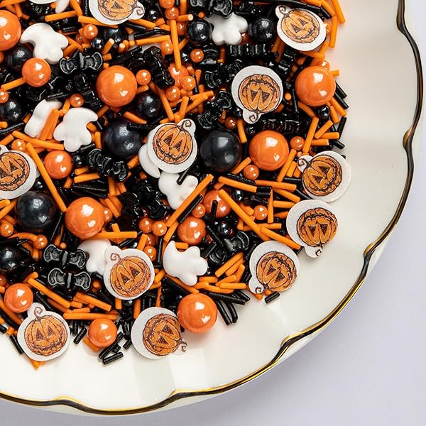 TWISWEET HALLOWEEN SPRINKLES, PUMPKIN SPRINKLES FOR CAKE DECORATING, EDIBLE CANDY GHOST BAT SUGAR SPRINKLE MIX, BLACK AND ORANGE BAKING CANDY BULK, CUPCAKE TOPPER COOKIE ICE CREAM CAKE DECORATIONS, HALLOWEEN SCARY THEME TRICK OR TREAT PARTY SUPPLIES (130G/4.58OZ)