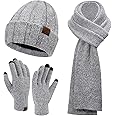 Womens Winter Warm Knit Beanie Hat Touchscreen Gloves Long Neck Scarf Set with Fleece Lined Skull Caps Gifts for Women