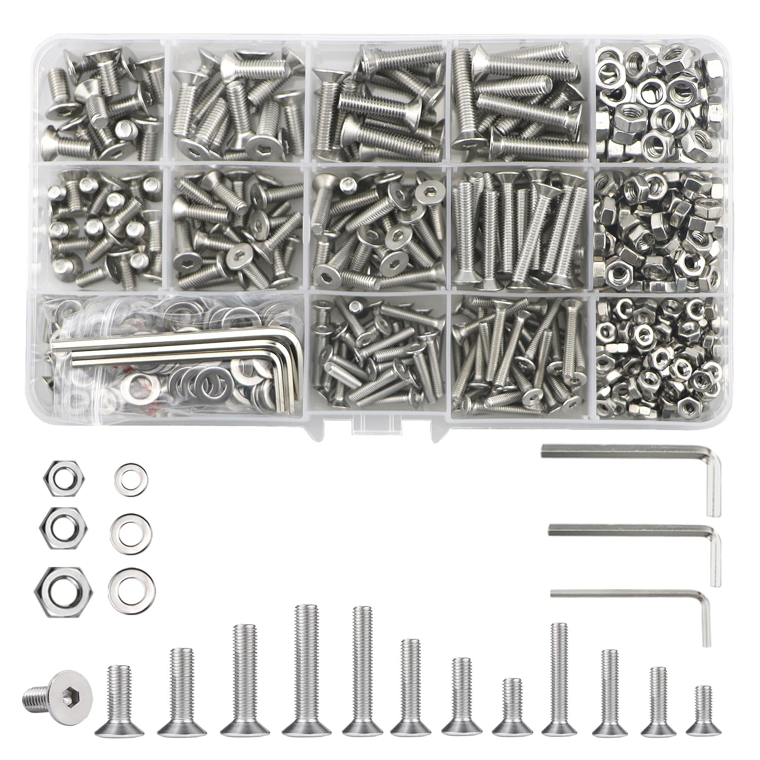 747 Pcs Nuts And Bolts Assorted Set(M3/M4/M5), Flat Hex Socket Head With Washers,Stainless Steel Machine Screws With Wrench,Allen Key Bolts Mixed Assortment (Silver)