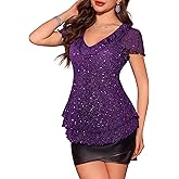 Women's Sparkly Sequin Tops Short Sleeve Glitter Casual Summer V-Neck Ruffle Top