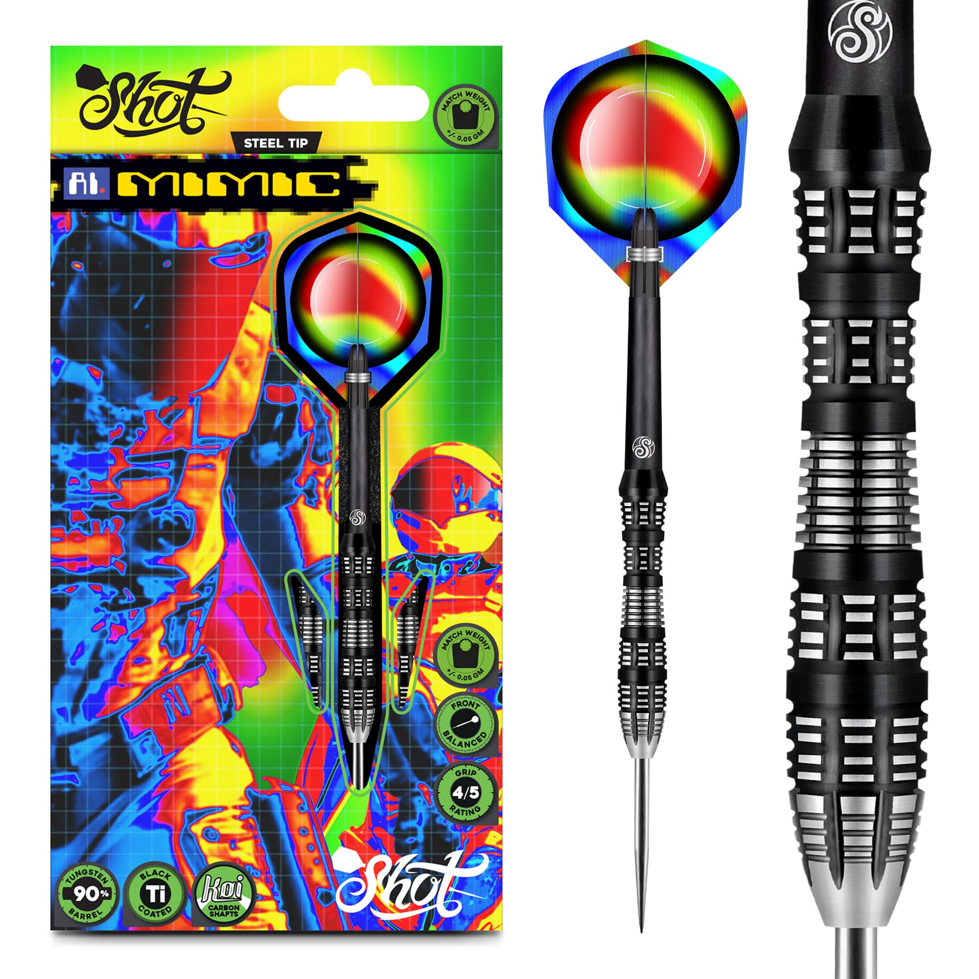 Shot! AI Mimic Steel Tip Dart Set 90% Tungsten Barrels, Front Weighted professional darts for bristle dartboard