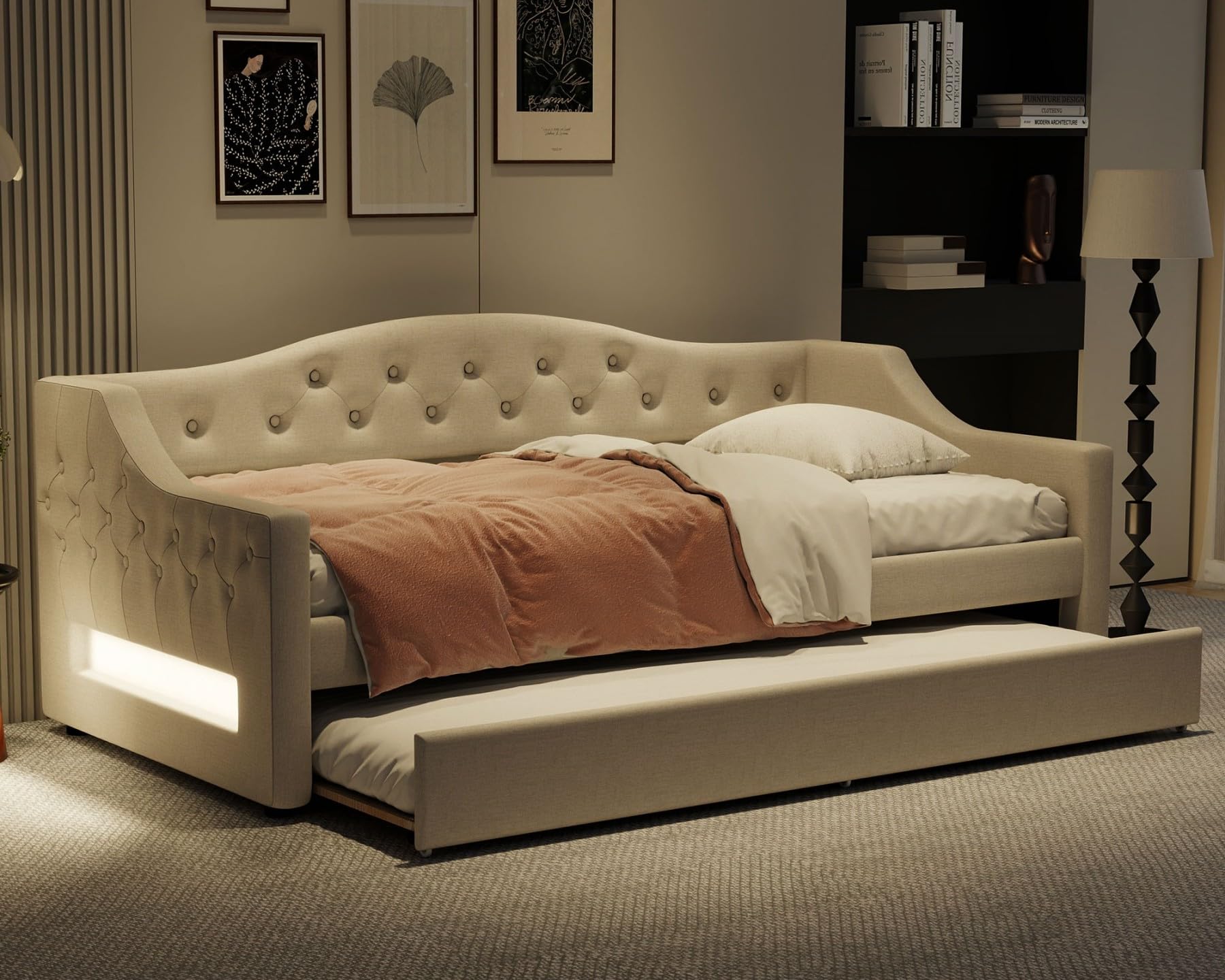 Photo 1 of ***FINAL SALE/NO RETURN, VIEW NOTES*** Merax Twin Size Linen Corner Daybed with Trundle and LED Belt, Upholstered Headboard Captain Bed Frames for Small Room, Bedroom, Guest Room, Kids' Room, White