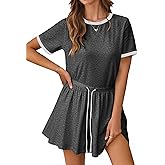 Fisoew Womens Casual Mini Dress Short Sleeve Crewneck Pleated Drawstring Loose Fit Summer T Shirt Dresses