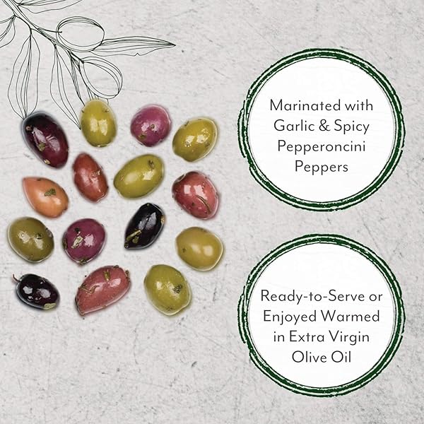 ROLAND FOODS GREEK COUNTRY OLIVE MIX, WHOLE OLIVES MARINATED WITH GARLIC AND PEPPERONCINI PEPPERS, SPECIALTY IMPORTED FOOD, 4 LB 6 OZ TUB