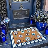 Tinieya 2, 23.6 x 35.4 Inches, Evil Eye, Brown, Blue | Boho Evil Eye Doormat with Blue White Striped Rug, Mediterranean Porch Decor for Entryway Patio Outdoor