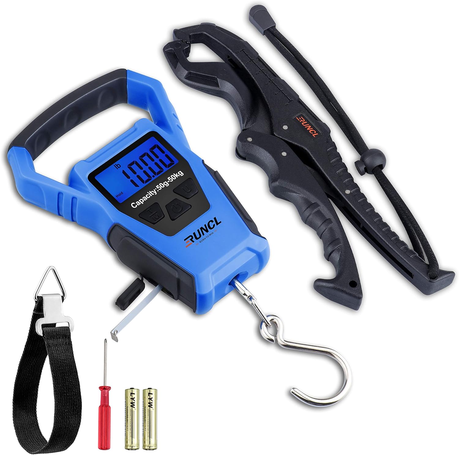 RUNCL Waterproof Fishing Scale with Premium Fish Lip Gripper, Digital Scale with Ruler, Weight Scale 110lb/50kgs - Backlit LCD Display, Memory Storage & Summation - Hanging Scale (Blue) : Sports & Outdoors