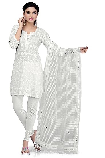 Womens Bhagalpuri Mirror Work Organza Dupatta(Skrdd1035_White)