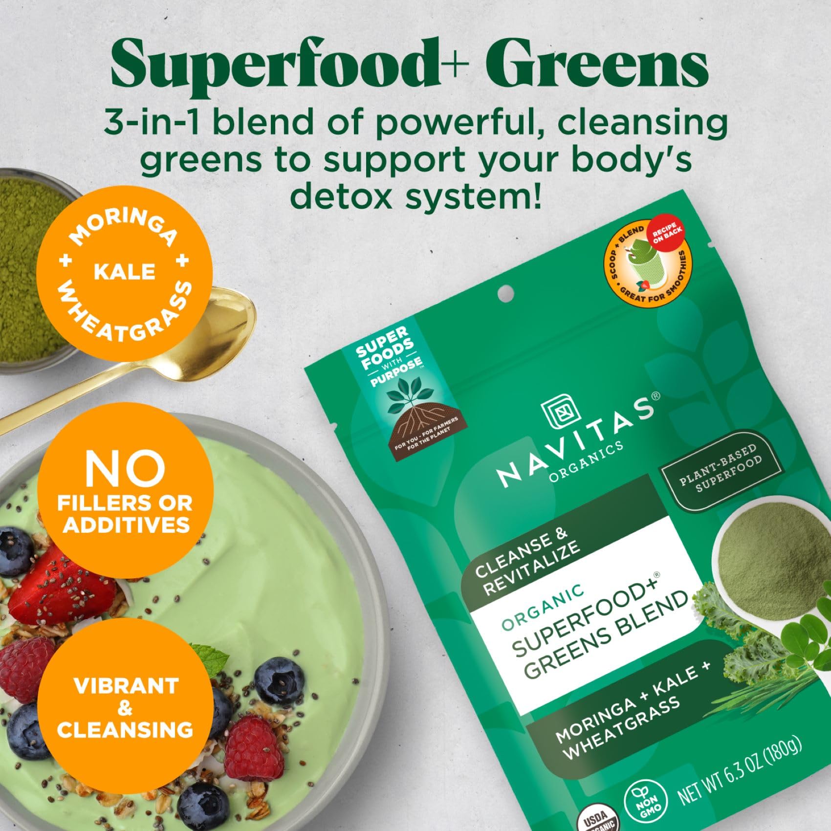 Navitas Organics Superfood+ Greens Blend for Detox Support (Moringa + Kale + Wheatgrass), 6.3oz Bag, 30 Servings — Organic, Non-GMO, Vegan, Gluten-Free, Keto & Paleo.…