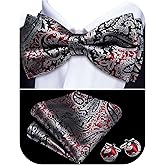 Barry.Wang Paisley Striped Bow Tie for Men Silk Pre-Tied Bowtie Pocket Square Cufflinks Set Formal Wedding Party Prom