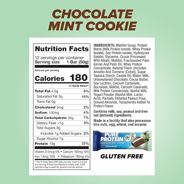 PURE PROTEIN BARS, HIGH PROTEIN, NUTRITIOUS SNACKS TO SUPPORT ENERGY, LOW SUGAR, GLUTEN FREE, CHOCOLATE MINT COOKIE,1.76OZ, 12 COUNT (PACKAGING MAY VARY)