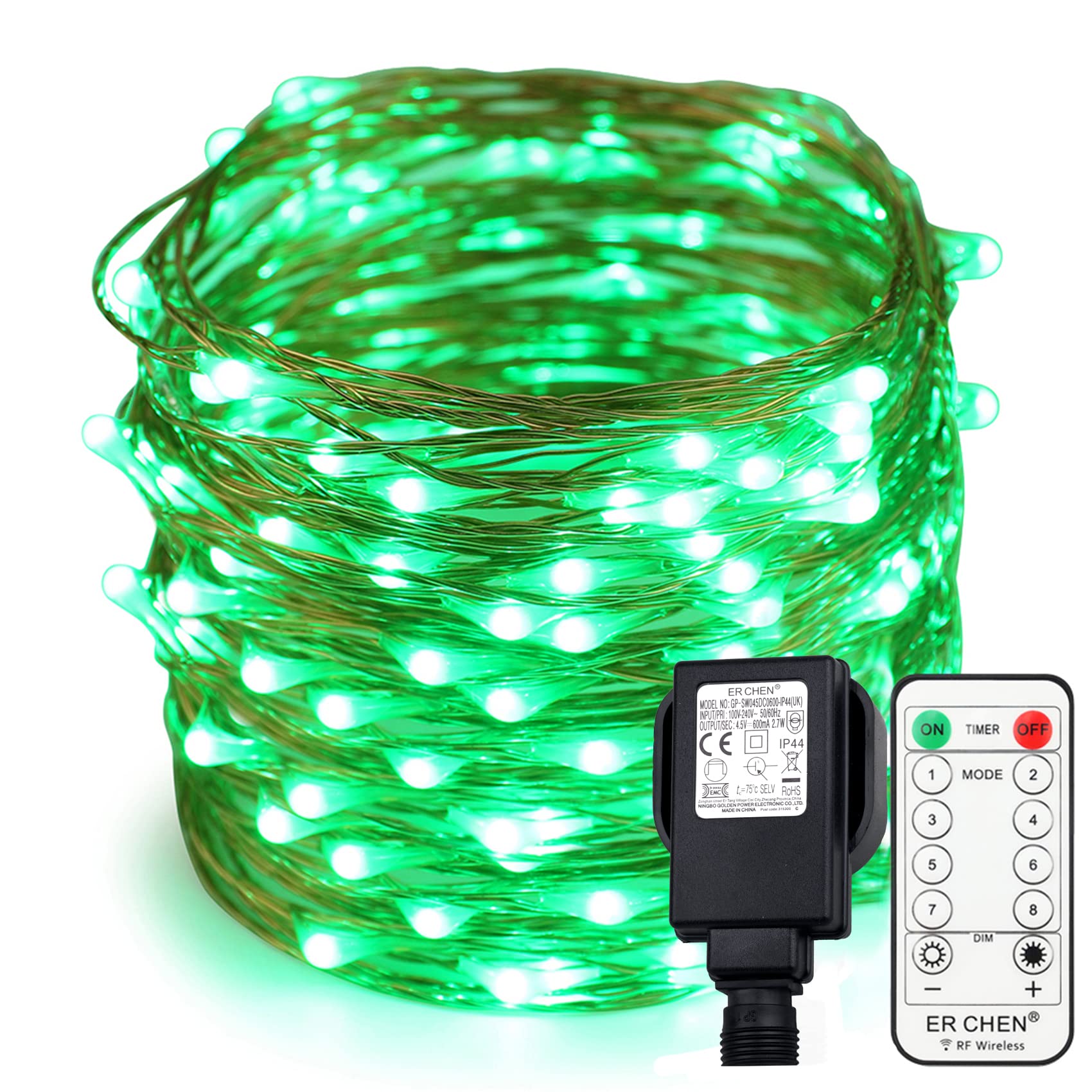 ER CHEN Fairy Lights Plug in 66 Ft 200 LED Copper Wire Dimmable Twinkle String Lights with Remote Timer, Green